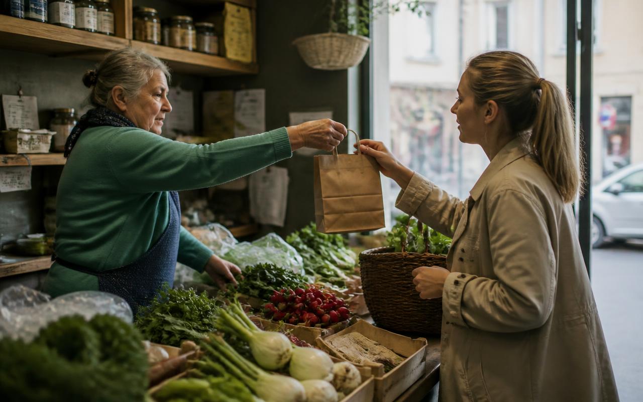 Woman in her sixties running her neighbourhood shop, serving a younger customer