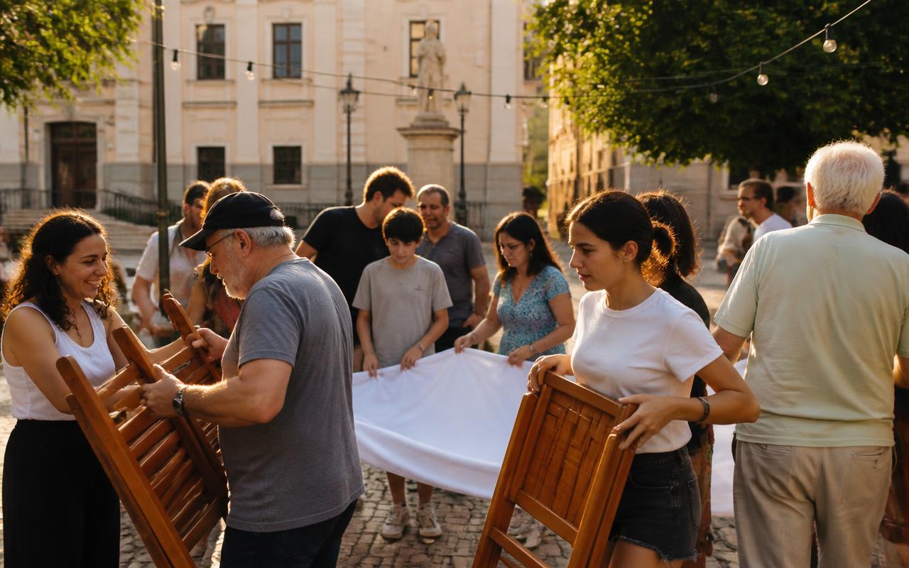 Neighbours of all ages setting up a community event together in a public square