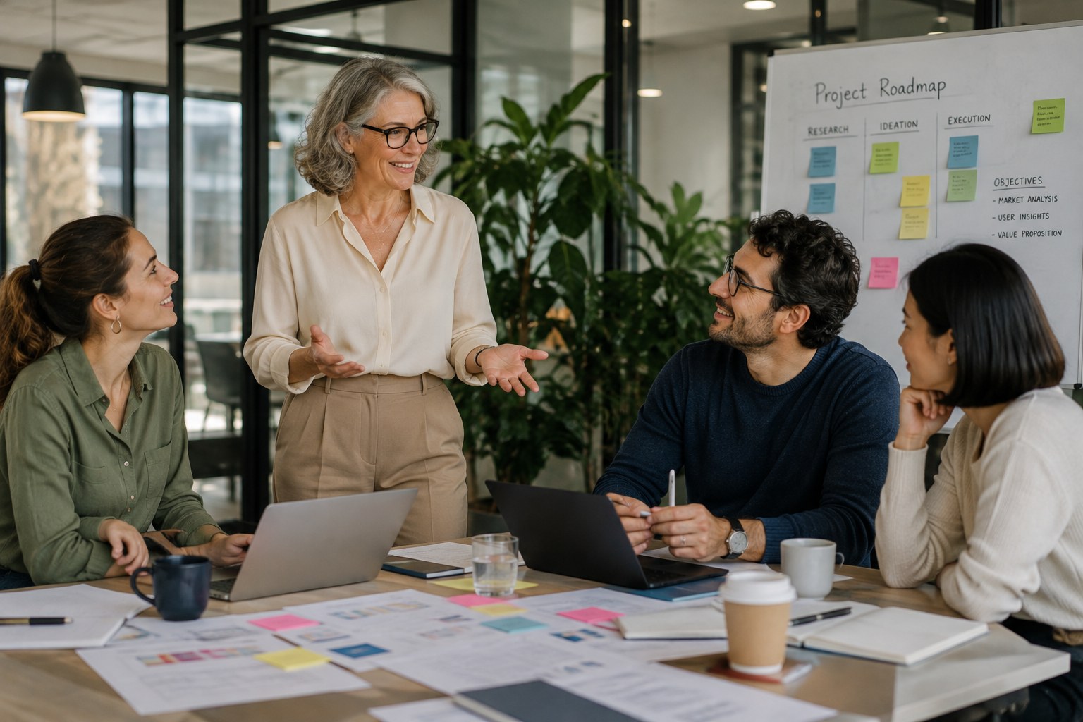 A multigenerational team working together in a real office